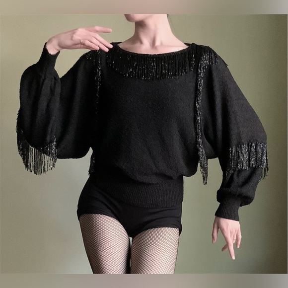 Vintage Sweaters - Vintage Beaded Batwing Sweater, 1980’s, Glamour Goth, Seed Bead Fringe